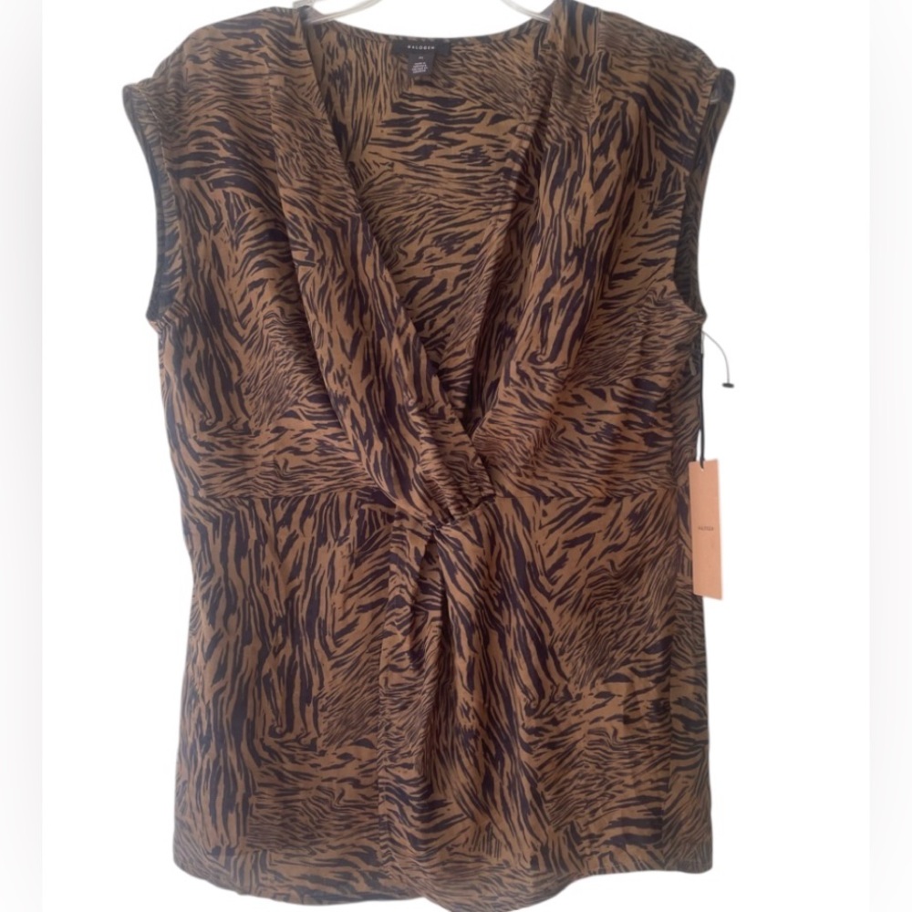 NWT Halogen Brown and Black Twist Front Animal Print Women's Sleeveless Top Sz M